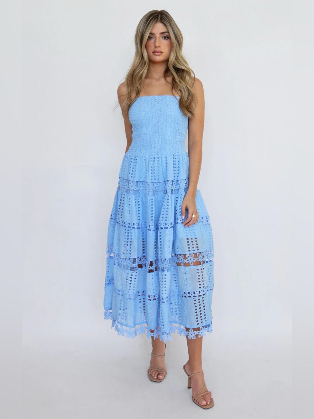 Thread Dot Pale Blue Eyelet Smocked Strapless Midi Dress